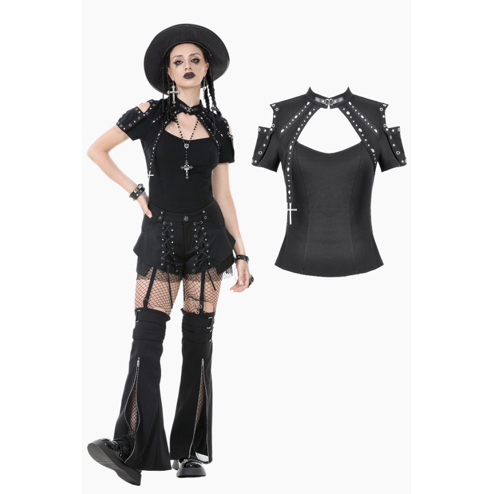 Dark in Love - Dark Metal with Coffin Eyelet Frame and Skull Cross Straps Crop top - Zwart